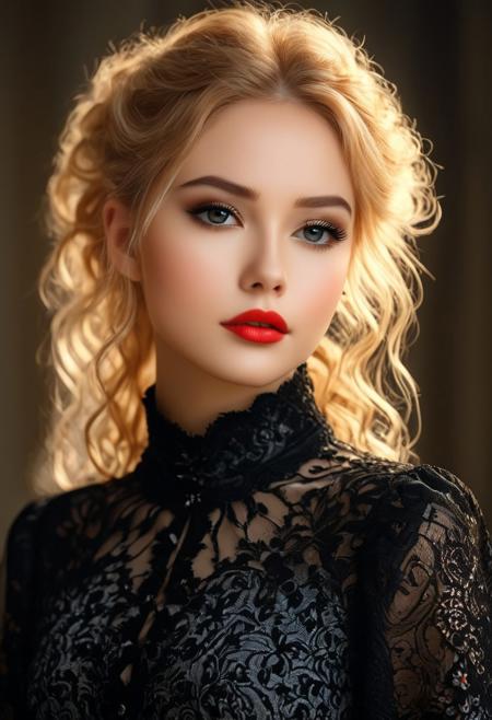 Midjourney, Midjourney style, Niji style: A hyper-realistic portrait of a young woman with delicate facial features, captured in soft, warm lighting. She has smooth, flawless skin with a subtle glow, and her makeup emphasizes her natural beauty with defined eyes and soft red lips. Her blonde hair is elegantly styled, pulled back with loose curls framing her face. She wears intricate black lace clothing, with delicate patterns and a high collar, adding a touch of gothic elegance. The background is blurred, focusing entirely on her serene expression and the details of her attire.