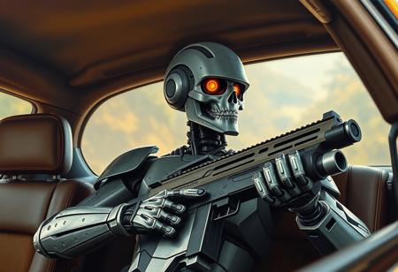 A classical Raphael Style oil painting of a gray Zombie Warrior robot seated majestically in the back seat of a car, facing right, holding a large gun. The car interior is depicted with rich texture and color, with blurred background suggestive of a journey or dream. Emphasize Vivid Emotions, Joyful Impact, Powerful Message through the robot's beautiful detailed eyes. Golden Ratio composition, Incredible Depth, Masterpiece quality, Impeccable Composition, Creative Angle, Captivating Lighting, Well-timed Moment.