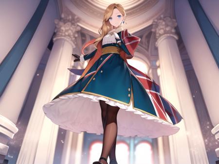 (hyper extreme detailed),(masterpeace),(hyper extreme),(photorealistic),CG,(colour:1.2), beautiful lighting,light from the front,solo,  <lora:hood:1>,hood,blonde hair,blue eyes,black pantyhose,dress,earrings,gloves ,jewelry,long hair,long skirt,shoes,union jack,blue dress,frilled_dress,