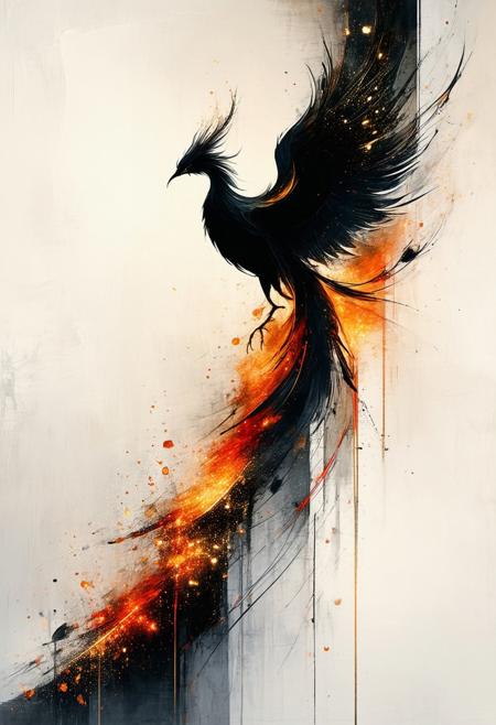 A minimalist abstract painting of a phoenix rising from ashes, with flowing lines and fiery colors. The phoenix is depicted as a simple, elegant shape, leaving a trail of shimmering gold dust. The background is a deep black, with embers floating across the canvas. Styled in the geometric abstraction and color field style of Rothko and Newman, with a focus on bold shapes and a sense of transcendence.