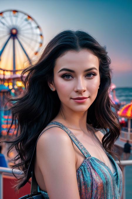 VivienL_SoloTI_v1,
happy,smile,
(Flowy floral dress with a cinched waist, paired with a woven straw tote bag, hair styled in loose beach waves), (Seaside boardwalk bustling with tourists and locals, the sound of seagulls and crashing waves, the aroma of saltwater taffy and funnel cakes, the colorful glow of amusement park rides against the twilight sky: 1.3), (seductive:1.3),photorealistic, masterpiece, high quality, artistic, unique, award winning photograph, professional, 8k, RAW photo, best quality,flattering, 
<lora:add_detail:0.8>,<lora:LowRa:0>, PA7_Portrait-MCU,