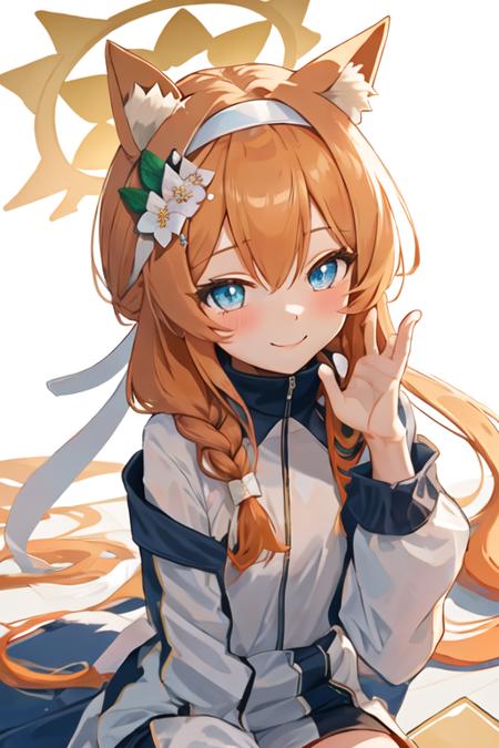 best quality, masterpiece, highres, solo, {mari_bluearchive:1.15}, long_hair, orange_hair, flower, blue_eyes, halo, bangs, blush, animal_ears, hair_ornament, animal_ear_fluff, hair_flower, smile, hairband, white_hairband, hair_between_eyes