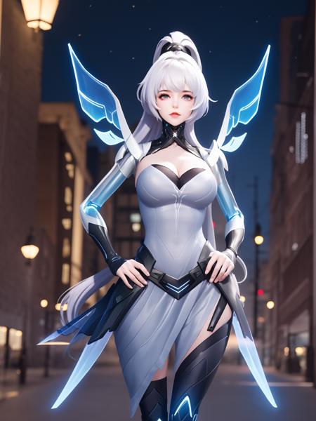 WZRYgongsunliJYZX, 1girl, solo, long hair, breasts, thighhighs, white hair, gloves, ponytail,bangs, dress,mechanical wings,drill hair,hair ornament ,cityscape, night,looking at viewer, mature female, hand on hip,  <lora:WZRYgongsunliJYZXii:0.75>,cowboy shot,