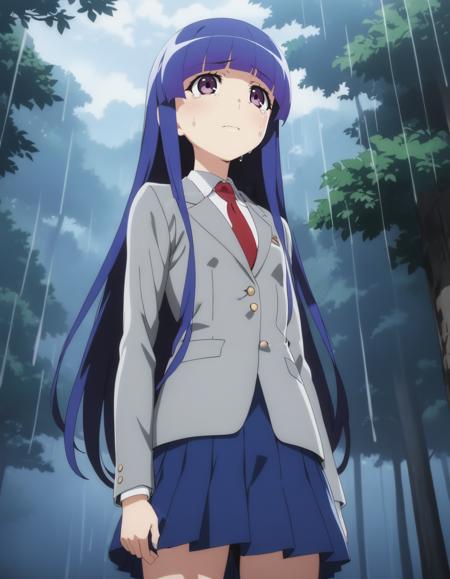 furuderika,long hair,purple eyes,blue hair,blunt bangs,flat chest