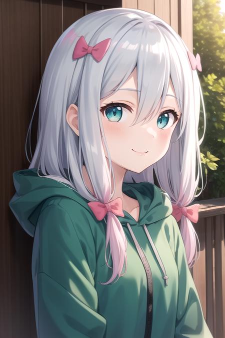 long hair,grey hair,hair bow,pink bow,hair ribbon,tress ribbon,sidelocks,hair between eyes,bangs,aqua eyes hoodie,hooded jacket,green jacket,hood down,long sleeves,medium breasts,skindentation,bare legs,barefoot