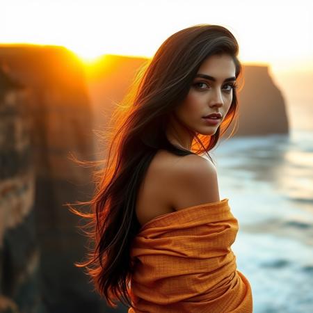 stunning young woman with long, flowing black hair stands near the edge of a cliff at sunset. The golden light from the setting sun casts a warm glow over her skin and hair, creating a radiant and ethereal effect. Her gaze is soft yet captivating, as she looks over her shoulder towards the viewer. The backdrop features dramatic cliffs and a rugged coastline, with waves crashing below. She is wrapped in a golden, shimmering fabric that drapes elegantly over her shoulder, enhancing her natural beauty and blending harmoniously with the sunset hues. --style raw --stylize 999 --v 6.0 --ar 3:4