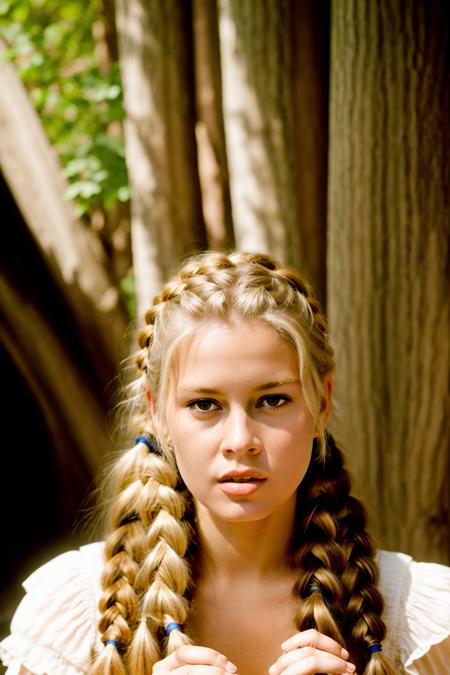 Realistic photo of a beautiful br1g1tt3-v2 woman,  1girl, solo, long hair, blonde hair, dress, sitting, braid, barefoot, twin braids, feet, tree, realistic, soft lighting, professional Photography, Photorealistic, detailed, RAW, analog, sharp focus, 8k, HD, DSLR, high quality, Fujifilm XT3, film grain, award winning, masterpiece<lora:br1g1tt3-v2:1.0><lora:br1g1tt3-v2:1.0><lora:br1g1tt3-v2:1.0><lora:br1g1tt3-v2:1.0>