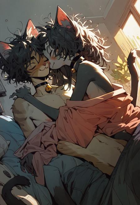 score_9, score_8_up, score_7_up, (cat girls), (cat boy), 1girl 1boy, untidy living room, early morning, anthro, skinny, heterosexual, couple, cuddling, partially undressed, messy hair, choker, oversized clothes, dutch angle, alternate hairstyles, top and sub, feminine,
