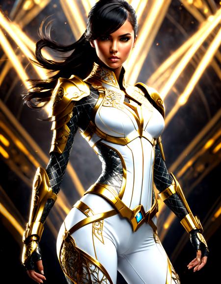 masterpiece, best quality, absurdres, digital art, 3d render, 3d graphics, from below, feet out of frame, crossed arms,  <lora:d\EnvyBadassSliderXL01:1>
A stunning image showcases a young woman in an elaborate, futuristic outfit that combines elements of armor and high fashion. Her suit is predominantly white with intricate silver and gold patterns, featuring bold yellow accents that add a vibrant contrast. The outfit is form-fitting, highlighting her figure, and includes detailed, ornamental designs that suggest both elegance and strength. She wears a unique headpiece with white and gold elements, complementing her dark hair styled in a high ponytail.
The background is dynamic and intense, with a smoky atmosphere and colorful sparks or embers flying through the air, hinting at a dramatic, action-packed setting. Her expression is calm and composed, exuding confidence and determination as she strides forward, making her presence both commanding and captivating.