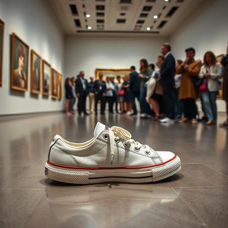 an art exhibition in which a tennis shoe is being displayed as a work of art, the tennis shoe is on the floor, and the public, which is rich, is around it