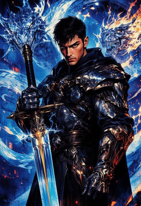 Cinematic photography, Male warrior, chiseled features, intense gaze, short dark hair, futuristic cyberpunk armor with sharp, angular lines and glowing gold accents, commanding presence, sword forged from blazing fire gripped in one hand, confident and battle-ready, full-body shot, low-angle, surrounded by massive serpentine dragons with crystalline ice-blue scales, dragons exhaling cold air mist that swirls around the warrior, elemental forces of water, fire, earth, and wind dynamically swirling in the scene—cascading water streams, flickering embers, shards of stone, and swirling gusts of wind encircle the warrior and dragons, dark industrial cityscape with blurred metallic structures and neon lights in the background, powerful and mystical mood, dramatic lighting with blue and orange highlights reflecting off armor, mist, and elemental effects, high-contrast cool and warm tones, Sony A7R III, in the style of cinematic film stills.