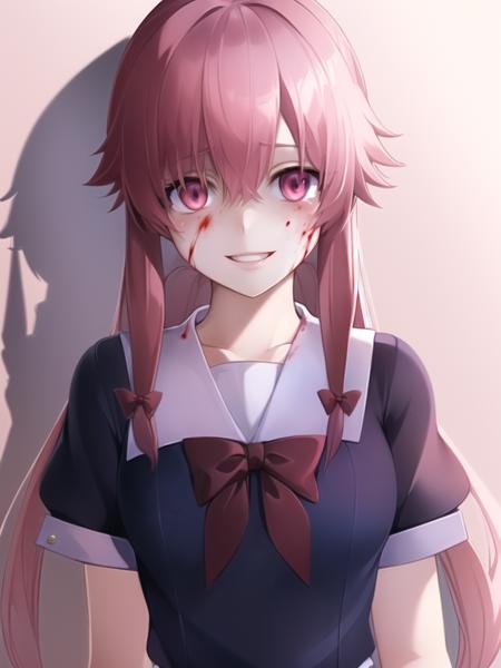 (extremely detailed CG unity 8k wallpaper), (masterpiece), (best quality), (ultra-detailed), (best illustration),(best shadow), (an extremely delicate and beautiful), finely detail,
(gasai yuno:1.1), (yunouniform:1.1), blood on face, blood on clothes, (yandere:1.2), (crazy eyes), ((crazy smile))