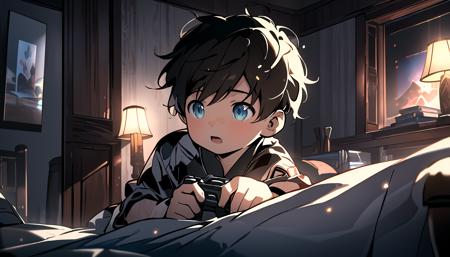 (masterpiece:1.2),best quality,highres,original,(extremely detailed wallpaper:1.3),(extremely detailed CG:1.2),1boy,male child,solo,close-up,playing video games,indoors,bedroom,night,, masterpiece, best quality,