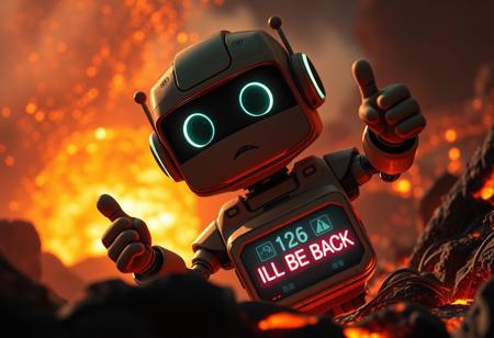 cinematic, dynamic light, cute civibot, cute bot, descending in lava, one thumbs up, melting in lava, confused face, dazed face, danger sing as eyes, (danger, fire, explosion, malfunction, electric sparks, meteor shower, eruption, cataclysm), led chestplate says "I'LL BE BACK"