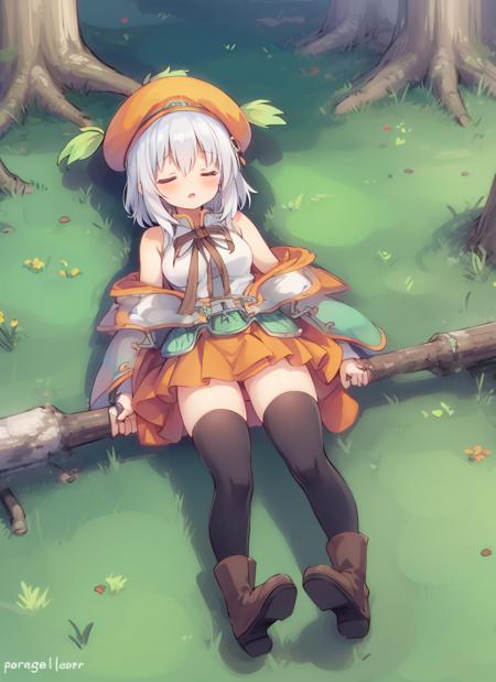 1girl,boots,thighhighs,orange skirt,hat, <lora:lucia:1>,sleeping,on back,forest