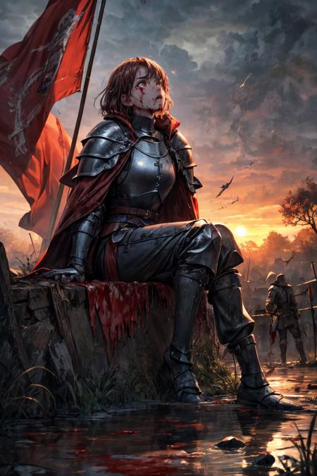 (RAW photo, 8k uhd, Analog style, Masterpiece, Best Quality, Highres:1.4), (dramatic, cinematic:1.2), BREAK,
movie shot of (brutal:1.1) (russian:1.2) (female barbarian:1.1) (khight:1.2), (Joan of Arc:1.1), (muscular:1.1), broken (rusty intricate:1.1) (armor:1.35), (pants:1.2), (cloak:1.1), (dirty skin:1.1), (short red:1.1) hair, (brown eyes:1.1), (blood, wounds:1.25), (tired face, tears:1.1), (suffering, scared:1.25), (looking up:1.35), (sitting:1.3) in (mud:1.2) (on ground:1.1), (dirty:1.1) (water:1.2), (cross:1.2), planted sword, (red banner flag:1.3), BREAK,
(blood on ground:1.1), (flying crows:1.15), (tree:1.1), detailed (medieval battlefield:1.3), (knights fighting:1.3), autumn, (swamp:1.2), medieval (cathedral ruins:1.2), (pile of corpses:1.1), (sunset:1.2), cloudy sky, (thunderstorm:1.2), (fire:1.2), (smoke:0.7), (sparkles, light particles:1.2), foggy, (godrays:1.2), (photorealistic:1.1), (high point:1.1), full body, (medieval:1.2), (bloody:1.1), BREAK,
<lora:more_details:0.9>,
<lora:zoom_slider_v1:2.3>,