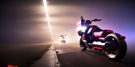 Sci-fi motorcycles,red and white science fiction ground industrial construction vehicle in crowded downtown streets, science fiction, cinematic lighting, night time, volumetric light, imax, dslr, highly detailed, volumetric fog, dystopian vibes, dutch angle, cinematic angle<lora:Sci-fi motorcycles:0.8>