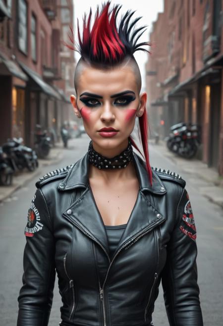 NovaBiker, 1girl, Mohawk, makeup, biker, leather