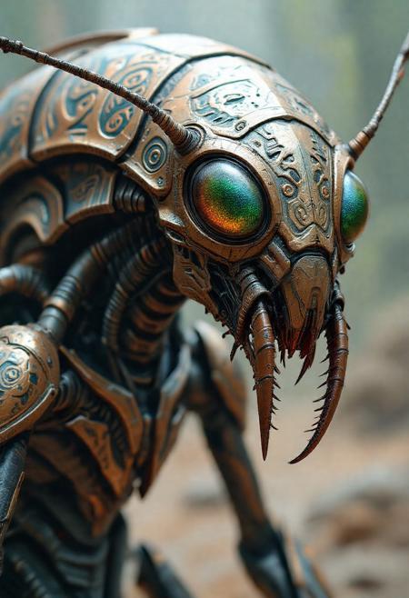 A detailed view of an insectoid alien, with segmented, metallic exoskeletons, intricate patterns etched into its armor, and mandibles twitching while its multifaceted eyes shimmer like gemstones.