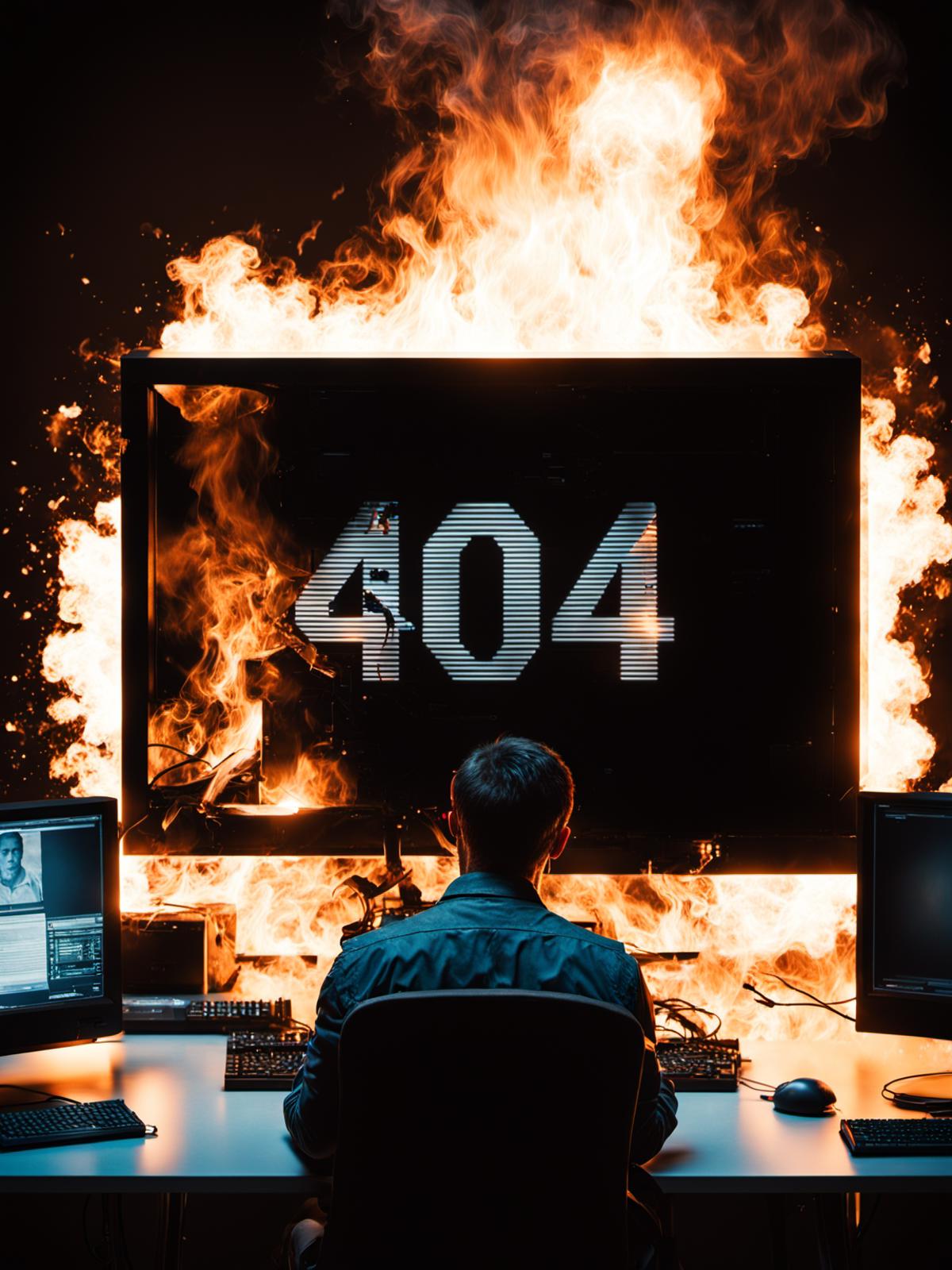 A man sitting in front of a computer monitor that is displaying the number 404 with a fire effect and flames around the screen.