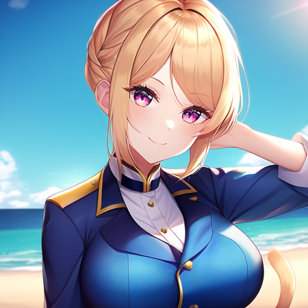 portrait, (solo, 1girl), day time, large breasts, (Fuchsia eyes), short hair,(Light Yellow hair) (hair slicked back:1.2), (Blue military uniform), beach, sea background, best quality, 1girl, cat tail, cat ears, smile, closed mouth, (anime, waifu, new, newest:1.2), (exceptional, best aesthetic, new, newest, best quality, masterpiece, extremely detailed, anime, waifu:1.2)