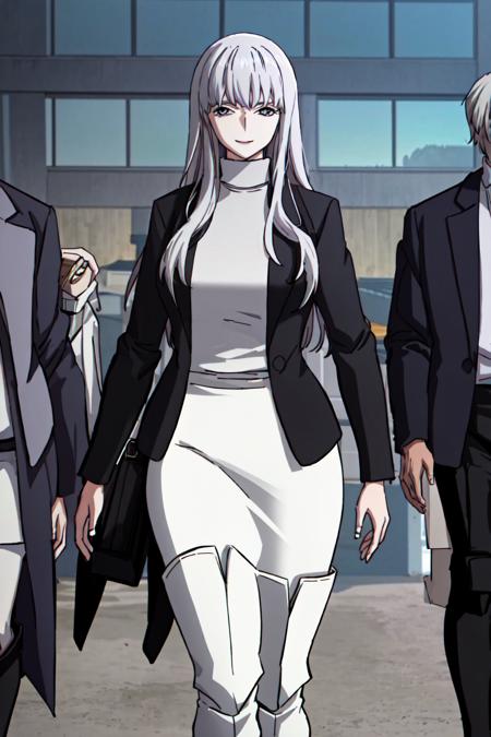 (best quality) , (highly detailed) ,masterpiece ,absurdres ,detailed face ,beautiful face ,(detailed eyes, deep eyes, anime eyes) ,1girl , solo,
Walking with a swagger,
003, grey eyes, grey hair, white hair, long hair, jacket, sweater, black jacket, turtleneck, very long sweater dress, long sweater, (white slit long skirt:1.2),  turtleneck sweater, (white knee boots:1.3), slight smile, <lora:003V1:0.8>