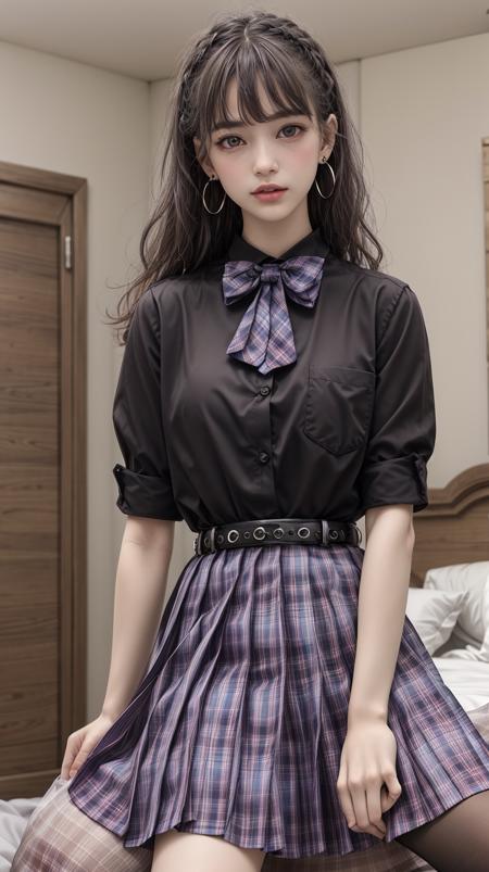 skirt,plaid necktie,belt,plaid skirt,black shirt,bowtie,