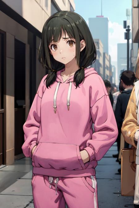 masterpiece, best quality, absurdres, 1girl, solo, HinoAkira, low twintails, hoodie, sweatpants, standing, outdoors, city, hands in pockets<lora:HinoAkira:0.8>