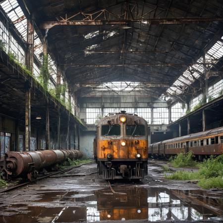 abandoned train depot with leaking roof, large puddles on the cracked concrete floor, rusted electric locomotives from the 1970s covered in dust and graffiti, wet metal surfaces reflecting dim natural light, broken overhead lighting, shattered windows letting in grey daylight, overgrown vegetation creeping inside, photorealistic, high detail, moody atmosphere, water dripping from ceiling, cinematic composition, ultra-realistic, 35mm lens, depth of field, wet surfaces, HDR, sharp textures, damp smell vibe