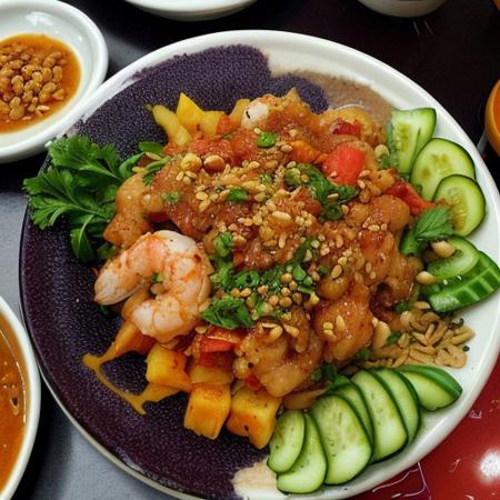 A vibrant plate of rojak, a mix of fresh fruits and vegetables like pineapple, cucumber, and turnip, tossed in a dark, sweet shrimp paste and topped with crushed peanuts. The scene includes the iconic rojak hawker cart with a cheerful vendor.