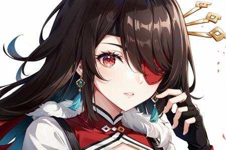 beidou(genshin impact), portrait, one eye covered, brown hair, eyepatch, solo, hair over one eye, fingerless gloves, black gloves, red eyes, hair ornament, jewelry, earrings, gloves, long hair, looking at viewer, fur trim, parted lips, flower, 1girl
<lora:beidou:0.8>