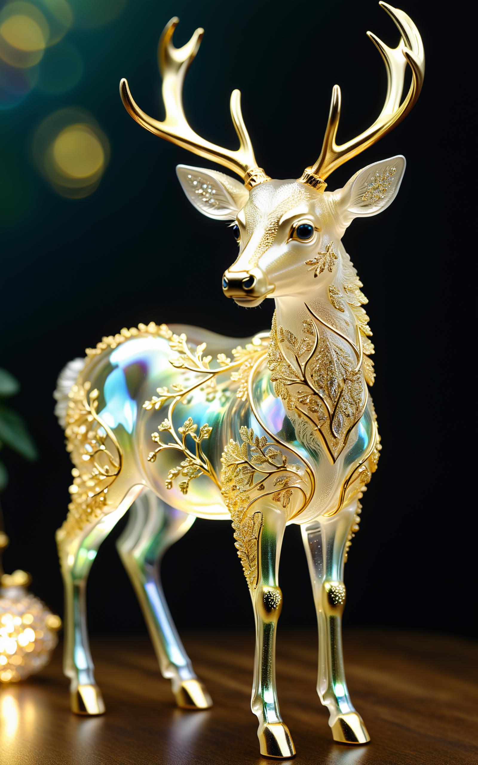 A golden deer figurine with a tree design on its back.