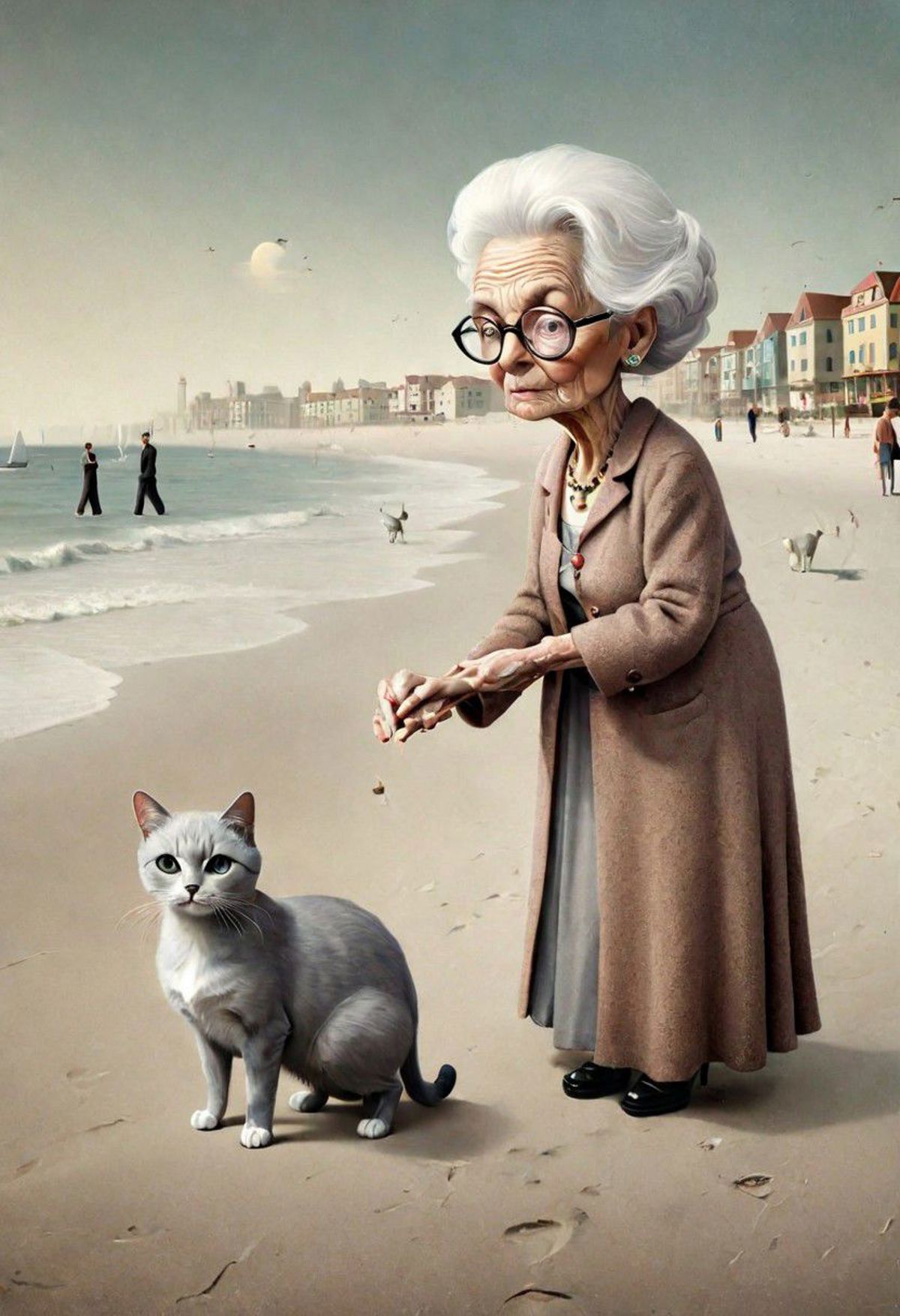 An elderly woman with glasses and a cat on a beach.