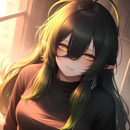 <lora:Limbus-04:0.9>, <lora:Gavial-04:0.8>, beautiful face, 1girl, limbus, gavial, yellow eyes, beautiful eyes, messy hair, long hair, black hair, green hair, (white oversized_sweatshirt), full body, two arms, looking at viewer, (((hair over one eyes)))