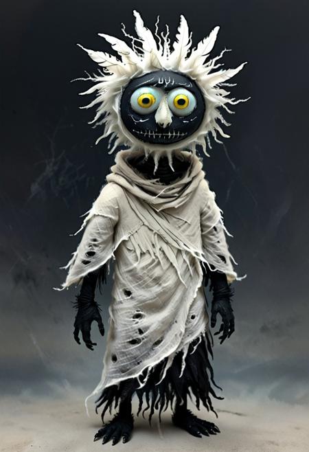 colorful, creepy drawing, simple illustration, childlike illustration. creepy, scary, wonderful creatures, World Morph Felt, 
colorful, creepy drawing, simple illustration, childlike illustration. creepy, scary
A simple illustration of a humanoid figure wrapped in tattered white and black cloth, glowing white eyes, dark void-like face, layered ragged robes with feather-like textures, post-apocalyptic aesthetic, eerie and surreal, high detail, cinematic lighting, soft gradient background.
detailed,masterpiece,high quality, 8K Ultra HD, dark,creepy creature drawing,2d