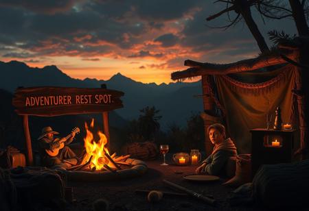 hyperdetailed ultra-detailed realistic,  
extremely detailed adventurer firecamp with a bard singing a beautifully melody, a sign nearby written((("adventurer rest spot"))) with glowing relaxing tea, detailed dark environment, dark shot, rtx, at exotic mountains background , High Definition HD, High Detail, Perfect Composition, dark fantasy movie, cowboy shot,