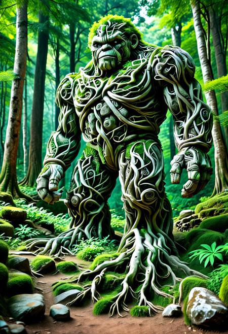 score_9,score_8_up,score_7_up, PG-TR, This is a vibrant, fantasy illustration of a large, golem-like figure that appears to be made of stones and rocks, partly overgrown with lush green foliage. The figure stands in a forested environment, with trees and plants surrounding it, and in the background, ruins or other stone structures are visible. The sky above is clear blue with some white clouds, indicating a sunny day.
The colossus itself is impressively large, with a broad posture and thick, robust limbs. Its body is a mix of gray and brown stones, some smoother than others, with cracks and moss growth emphasizing its age and natural integration. The most striking feature is the dense layer of bright green leaves covering large parts of its torso, shoulders, and upper legs, as if it has become part of the forest itself.
The colossus's face is somewhat human-like, with a stylized, flat nose and indentations suggesting eyes, all formed from stone. The overall atmosphere of the image is one of wonder and mystery, fitting for a fantasy world. <lora:Treeroots_0_90_multi2_Handprocessed_V2:1>