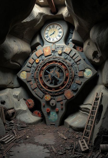 clock, underground bunker, raw, weathered forms, rounded and eroded concrete walls, fragmented steel beams, flowing and interconnected shapes, soft brutal edges, primal aesthetic, multichromatic oxides, vibrant colors of corrosion, saturated hues of rust, deep earthy tones, patina on metal surfaces, recursive shapes in mechanical gears, infinite geometry in clockwork, intricate fractal structures in rusted metal, colorful oxides, stark industrial lighting, dystopian vibe, sculptural appearance, unsettling, high resolution, photorealism, (overloaded multichromatic oxides:1.6), (emphasis on rusted forms and colorful corrosion:1.6), minimal details, intersecting planes of concrete and rusted steel, soft rounded geometry, worn textures, (blurry:-1.2), (ugly:-1.3), (cartoonish:-1.1), (polished:-1.3), (low quality:-1.2), (overly ornate:-1.5), (disjointed anatomy:-1.3), (soft lighting:-1.2), (noisy:-1.1), (bad composition:-1.3)