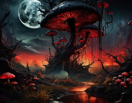 EdobHorrorLandscape, looking at viewer, black background, knife, red eyes, monster, branch, steampunk, tongue, rain, spikes, landscape, nature, sunset, nature, alien, night, red theme, river, branch, moon, mushroom, nature, <lora:EdobHorrorLandscape_XL_v1.0:0.8>