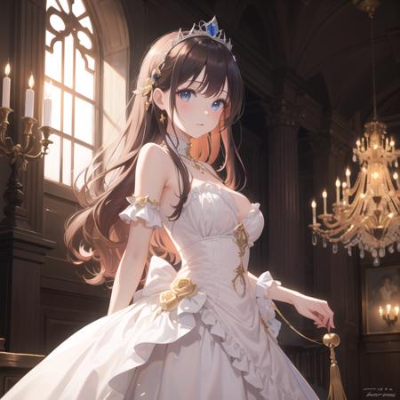 (masterpiece, ultra high res, best quality:1.1), 1girl, solo, (dynamic angle), Ruffled Dresses, (The great hall of the mansion), tiara, Luxurious interior, looking at viewer,