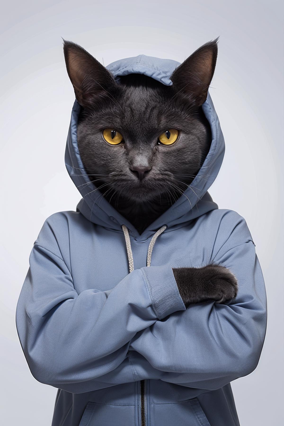 An image of a cat wearing a blue hoodie and posing.