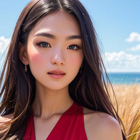 Nikon RAW photo,8 k,Fujifilm XT3,masterpiece, best quality, realistic, photorealistic,ultra detailed,1girl,solo,


close up portrait,
standing, beautiful blue sky,serene expression, luxury red dress, surrounded by a sea of grass,