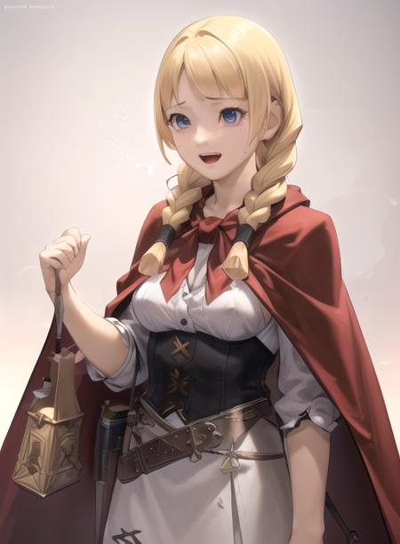 best quality, (masterpiece),(ultra-detailed), (high quality), (high resolution),   <lora:espellac-10:0.7>,1girl, :d, animal, belt, blonde hair, braid, breasts, cape, espella cantabella, hair over shoulder, long hair,, solo, tears, twin braids,blue eyes,