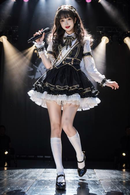 realistic, photorealistic, masterpiece, best quality, idol_costume, white socks, shoes, 1girl, solo, smile, idol, full body, looking at viewer, long black hair, standing on stage, stage lighting, stage spotlight, detailed background, singing, holding microphone, audience, <lora:Cute Asian Face:0.6>, <lora:idol_costume_style1_v2:0.7>