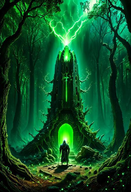 Enter a realm forsaken by the gods, a necrotic wood where the very air reeks of decay and rot. Twisted, gnarled trunks claw at the sanguine sky, their grasping branches like the skeletal fingers of long-dead sorcerers. Mist swirls between the boles, clinging to the earth like a burial shroud.
Shattered monuments to forgotten deities dot the forest floor, their crumbling stones covered in lichen and mold. Bone fragments, bleached white and picked clean, lay scattered among the detritus, mute testimony to unspeakable rites conducted in ages past.
At the heart of this blighted clearing rises a dais of obsidian, polished smooth as if by the touch of a thousand year's worth of worshippers. Upon its altar-top surface, a pulsating organ of indeterminate origin throbs with an eerie, otherworldly beat. Veins of sickly green light race across its surface, converging at a central node that seems to suck the very essence from the surrounding woods.
Before this profane offering kneels a robed figure, cowled and inscrutable.
sci-fi, alien-worlds, eeriness, futuristic, outer-space, science-fiction, alien-themed, extraterrestrial, cosmic, otherworldly, mysterious, 
concept-art, adventure, fantasy, whimsy, dreaminess, digital, illustration, magic, 
beautiful, painterly, textural, artistic, aesthetic, 
intricate details, highly detailed, ultra-detailed, absurdres, vivid, vibrant, volumetric lighting, 
Necron,, electricity, green glow, green theme,, aid291, midjourneyv6.1, ais-particlez