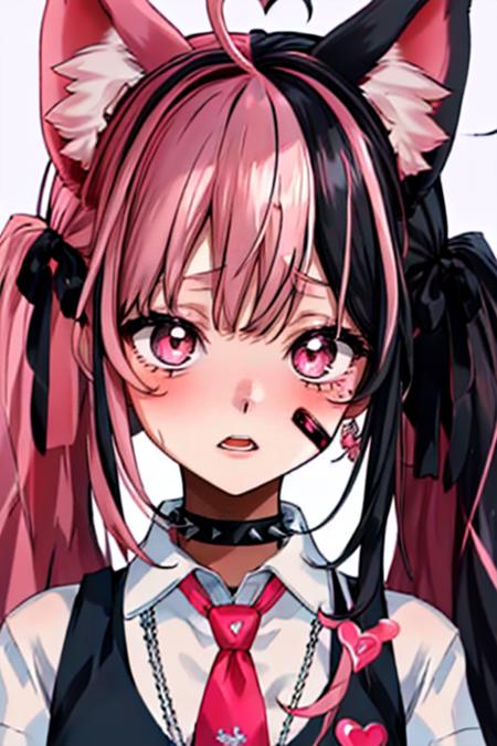 best quality, (masterpiece),(ultra-detailed), (high quality), (high resolution),   <lora:Suwie:0.7> ,Suwie, 1girl, solo, long hair, looking at viewer, open mouth, bangs, simple background, shirt, black hair, bow, ribbon, animal ears, twintails, jewelry, white shirt, upper body, pink hair, ahoge, short sleeves, heart, multicolored hair, necktie, collared shirt, virtual youtuber, cat ears, pink eyes, vest, collar, streaked hair, animal ear fluff, red necktie, bandaid, spikes, purple background, black vest, bandaid on face, spiked collar, heart ahoge, pink necktie