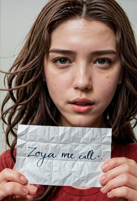 phone camera photo of 1GIRL holding a pice of paper with handwritten text ''zoya 0972340288 call me''
