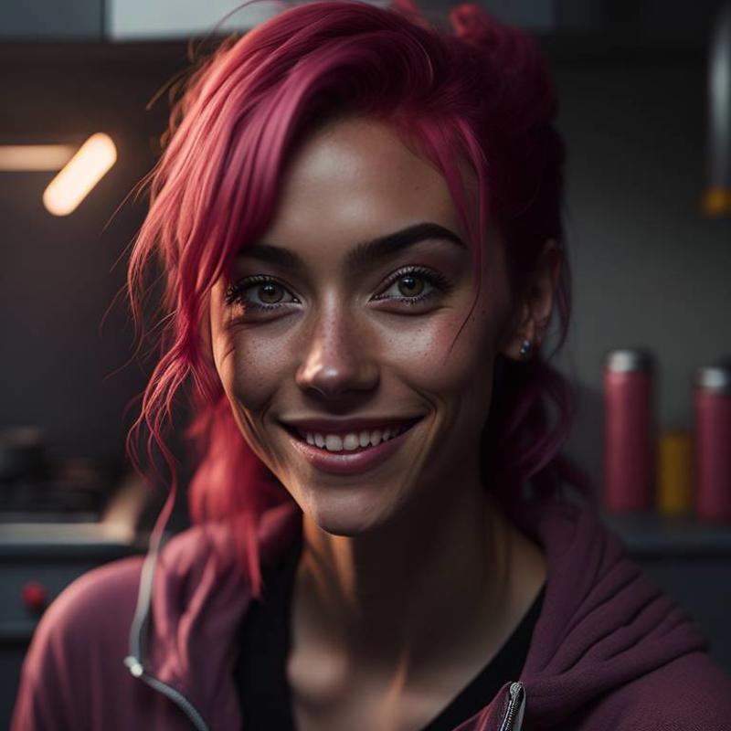 85mm portrait photo of a cute girl, smile, pink hair, 20 years old, kitchen, flirting with camera, cinematic, 8k,
