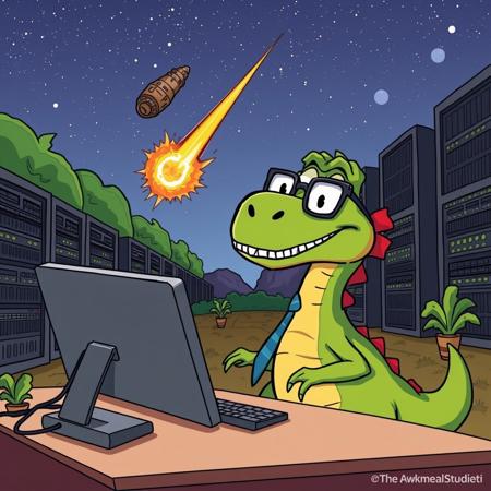 humorous cartoon style illustration, a dinosaur wearing glasses and a tie working on a computer in an outdoor server plot, looking up at the sky with wide eyes as he notices a meteorite heading towards him. Bright colors, exaggerated expressions, by Oatmeal Studios or The Awkward Yeti.