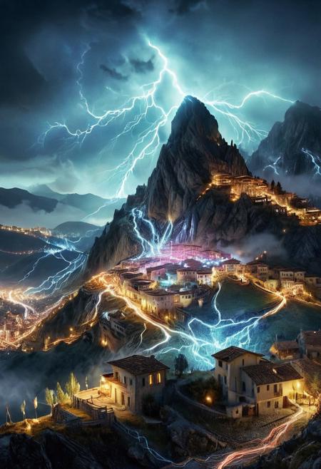 their peaks veiled in mist. mixed media, surrealism, great lighting, A surreal landscape highly detailed . extremely high-resolution details,  appears trapped in an optical illusion of reflections and refractions colorful , mountains and village in Ancient Greece , night, lightning, storm, professional photography, natural lighting, volumetric lighting maximalist. intricately detailed, complex, elegant, expansive, fantastical, film photography style,  medium grain